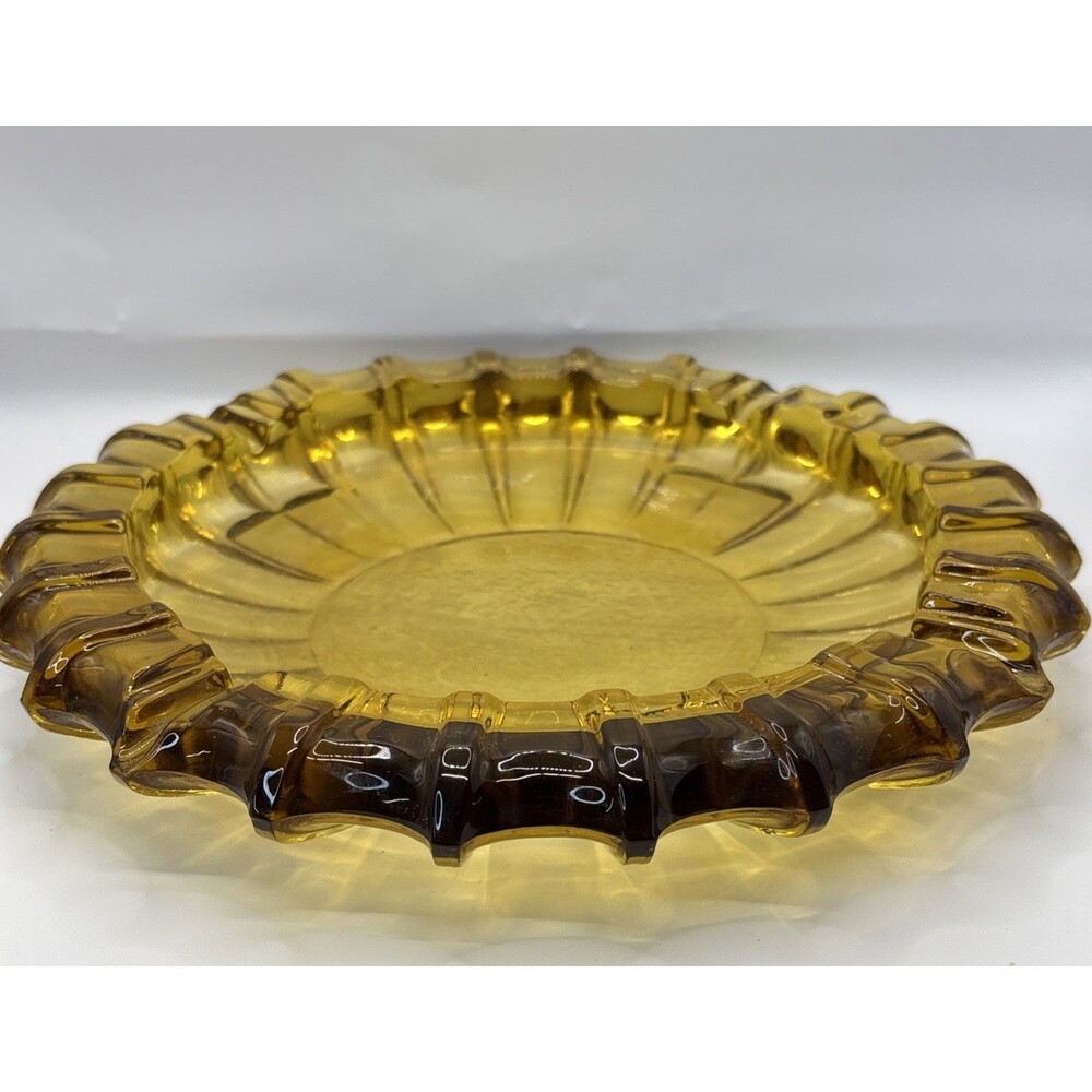 Vintage MCM Blenko Amber Yellow Starburst Ribbed Ashtray  Sunburst Large Glass